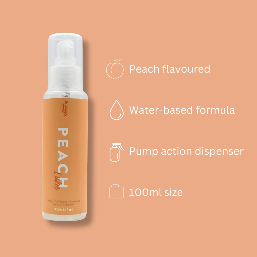 Loving Joy Peach Flavored Lubricant 100ml bottle with peach illustrations and clear label, designed for intimate use.