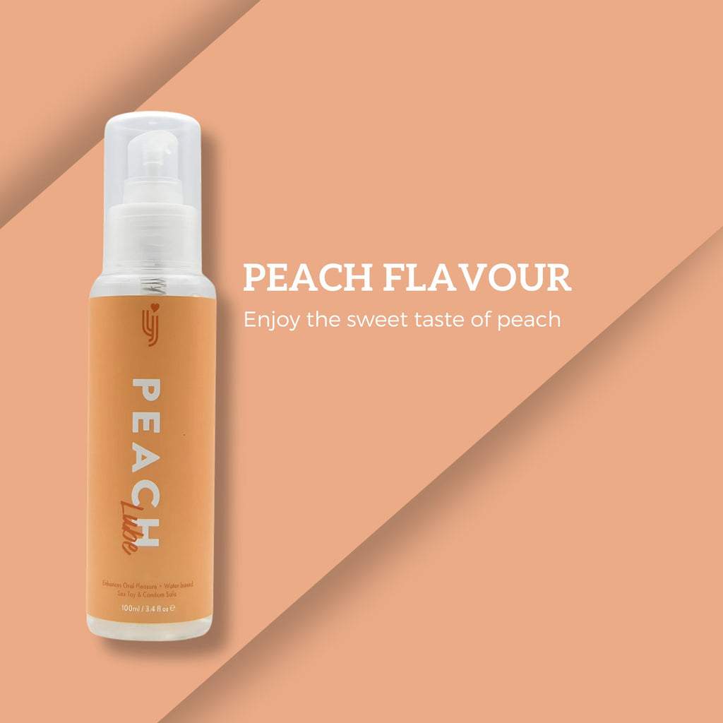 Loving Joy Peach Flavored Lubricant 100ml bottle showing the label and clear plastic container with peach-themed design.