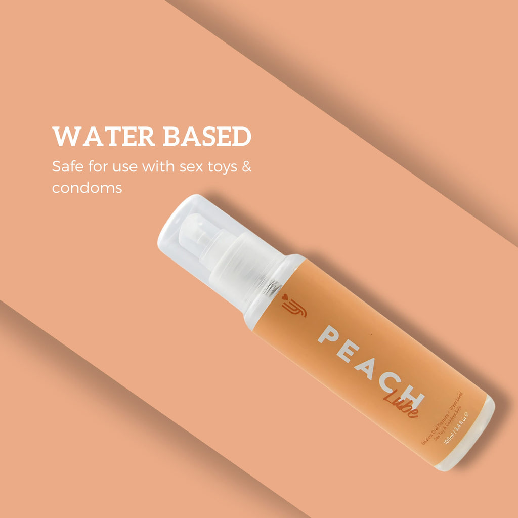 Loving Joy Peach Flavored Lubricant 100ml bottle with peach design and clear label, featuring a white cap and colorful branding.
