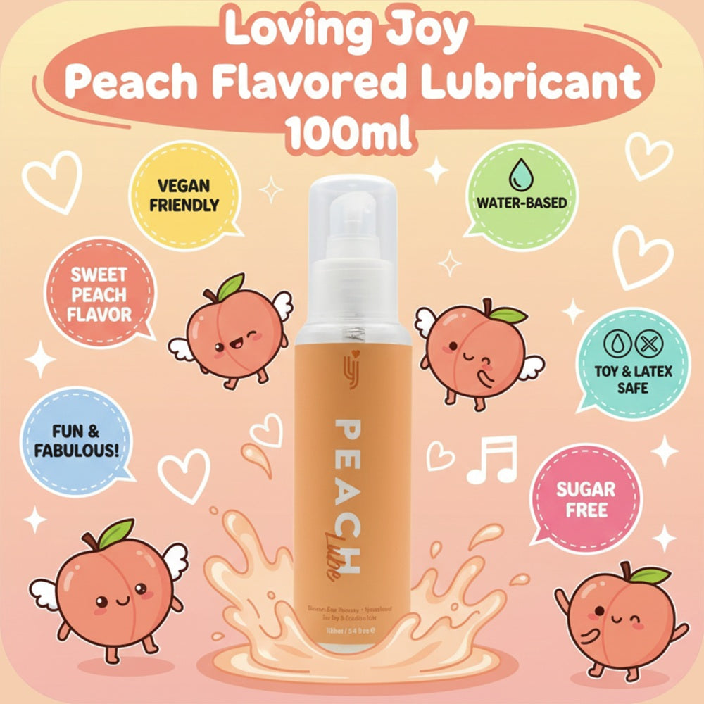Loving Joy Peach Flavored Lubricant 100ml bottle with label showing peach imagery and product details, for intimate use.