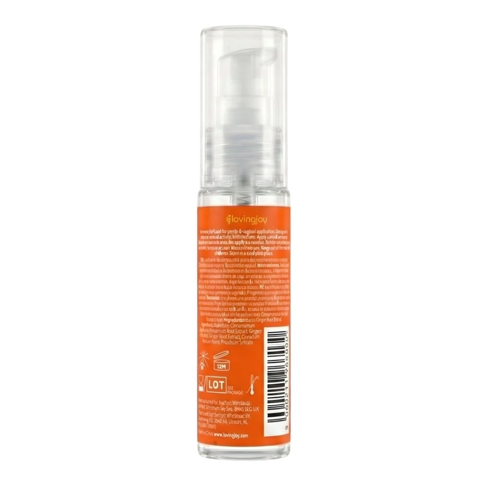 Loving Joy Warming Lubricant 30ml bottle, clear lubricant with warming effect, displayed on a neutral background.