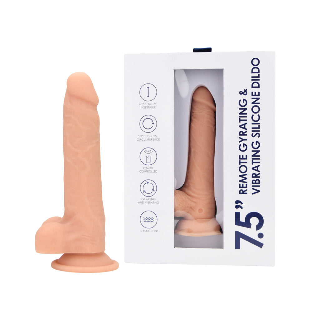 Loving Joy 7.5" silicone dildo with remote, featuring gyrating and vibrating functions for enhanced pleasure.