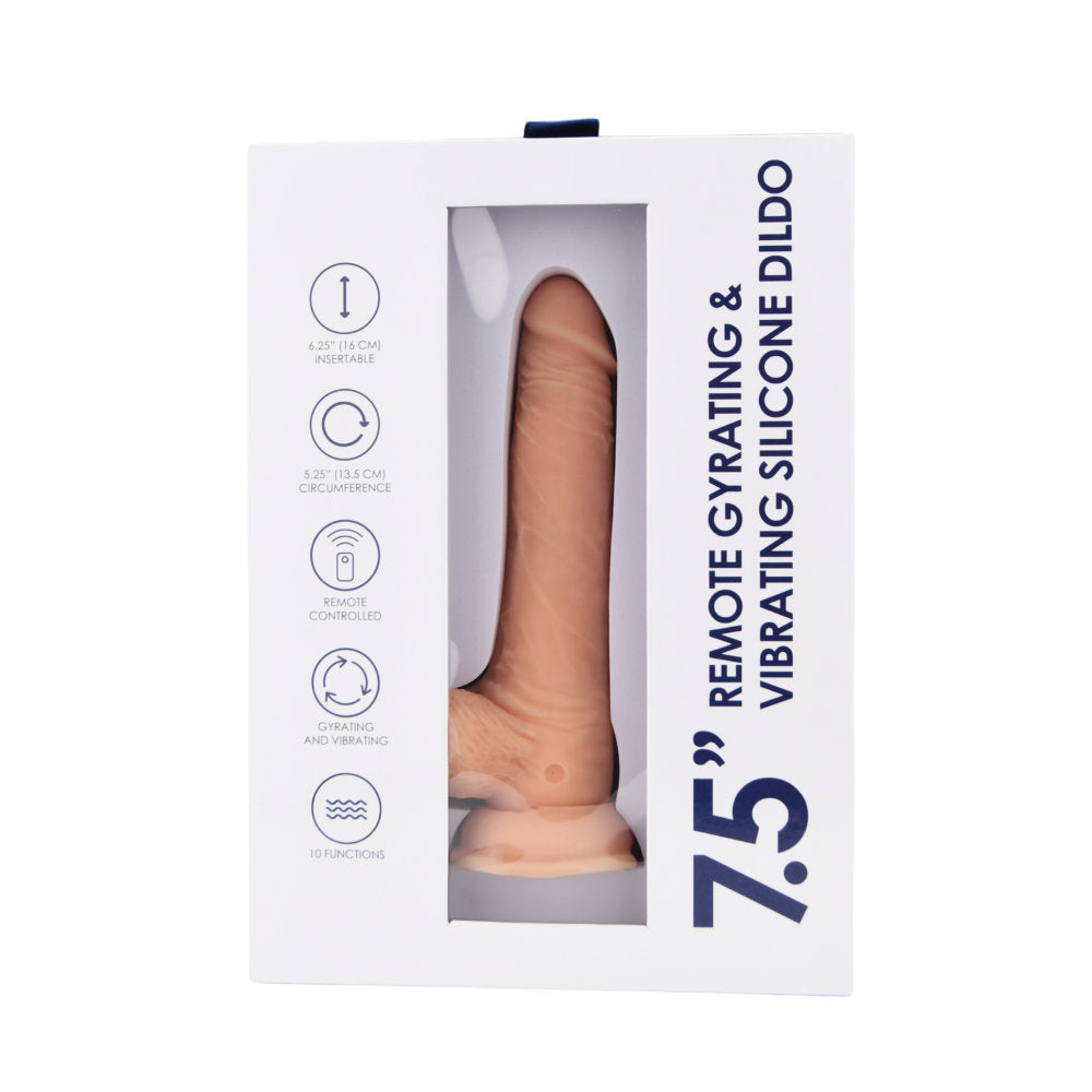 7.5" Loving Joy silicone dildo with remote, featuring gyrating and vibrating functions in a sleek design.