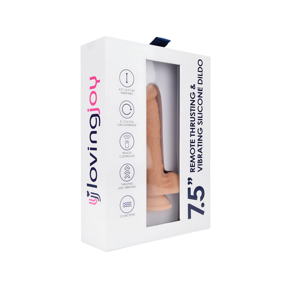 Loving Joy 7.5" silicone dildo with remote, featuring gyrating and vibrating functions in a sleek design.