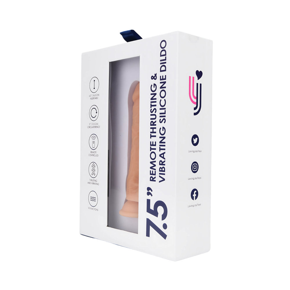 Loving Joy 7.5" silicone dildo with remote, featuring gyrating and vibrating functions, displayed on a neutral background.