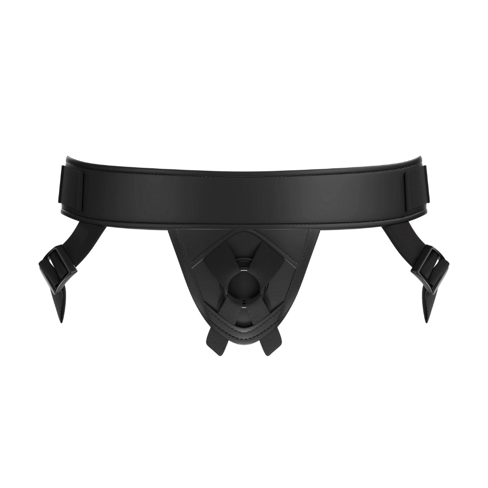 MINA Eclipse Strap-On Harness displayed on a mannequin, black adjustable strap-on harness with metal rings for secure fit.