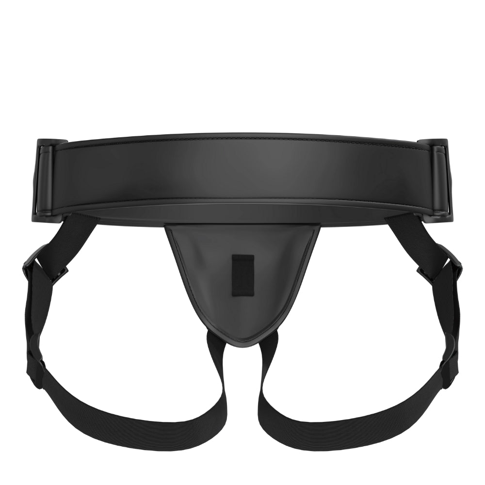 MINA Eclipse strap-on harness in black with adjustable straps and metal hardware, designed for comfortable wear and secure fit.