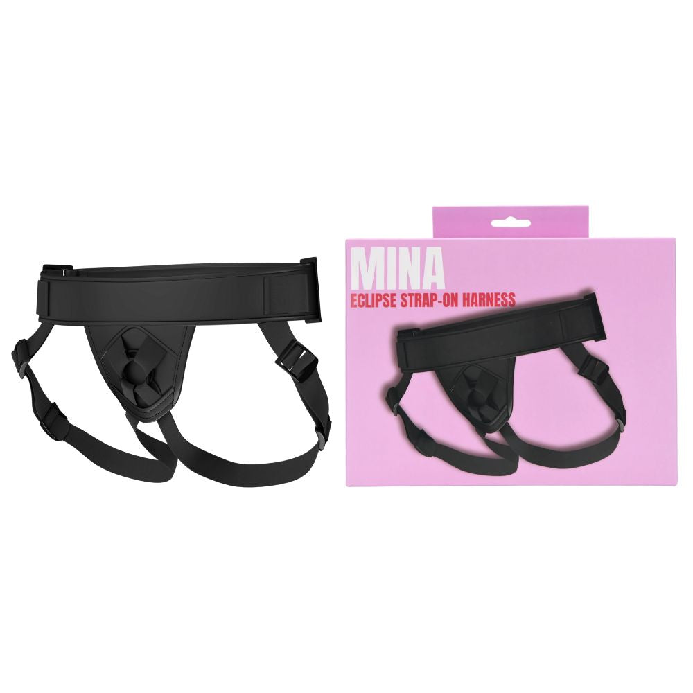 MINA Eclipse strap-on harness with adjustable straps and padded waistband, designed for comfortable wear and secure fit.