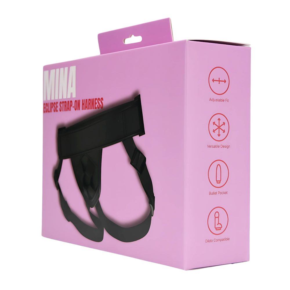 MINA Eclipse Strap-On Harness for women, adjustable black harness with silicone dildo attachment and secure straps.