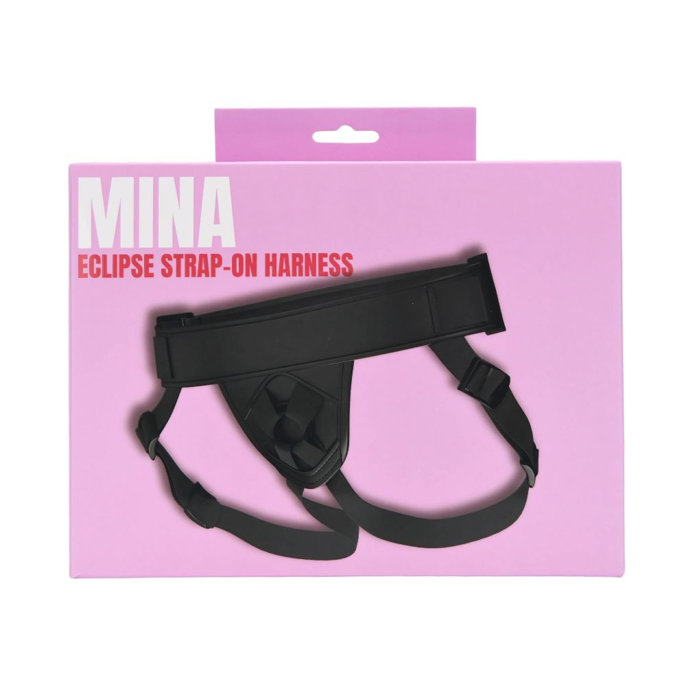 MINA Eclipse strap-on harness with adjustable straps and secure fit, designed for comfortable wear and versatile adult exploration.
