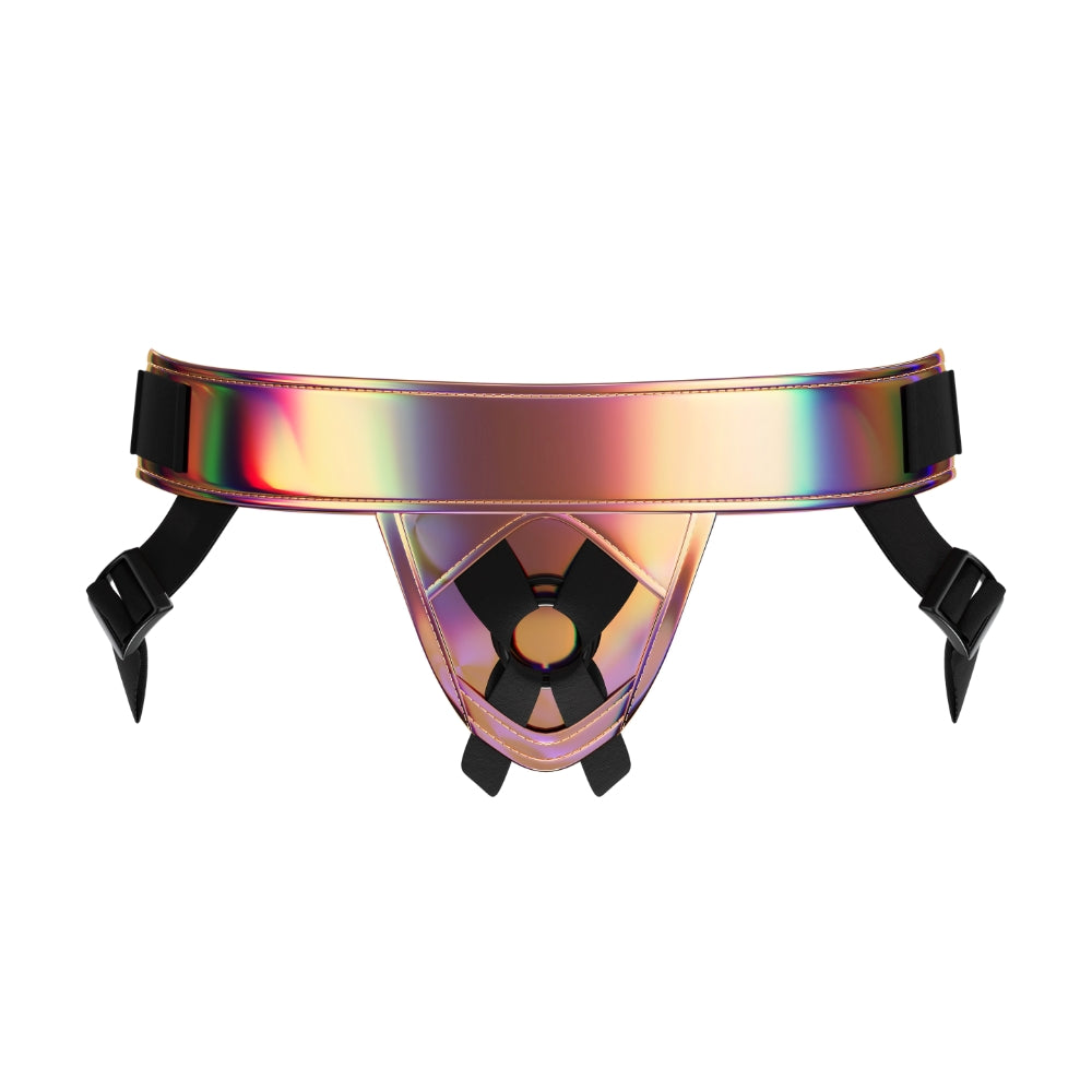 MINA Shimmer Strap-On Harness with adjustable straps and shimmering fabric for comfortable wear and secure fit.