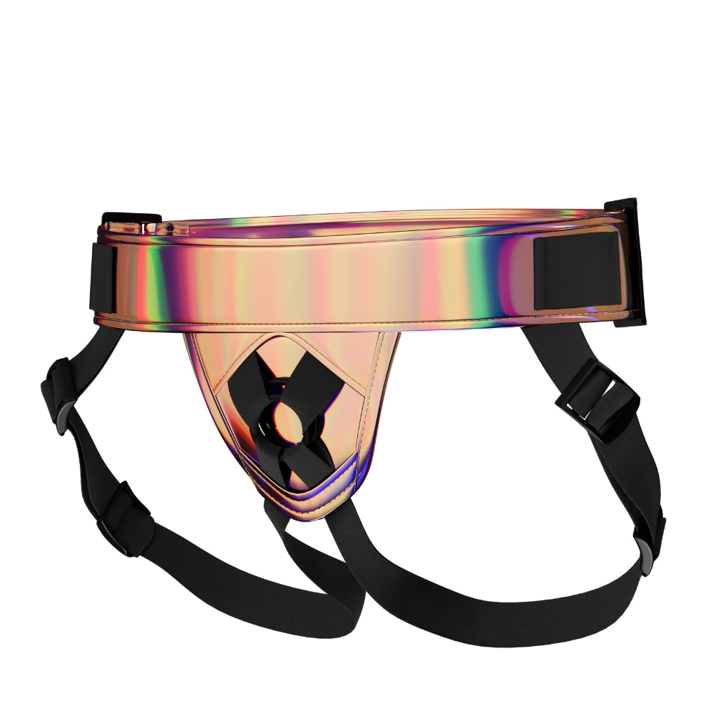 MINA Shimmer Strap-On Harness for adults, featuring adjustable straps and shimmering fabric, designed for comfortable wear and secure fit.