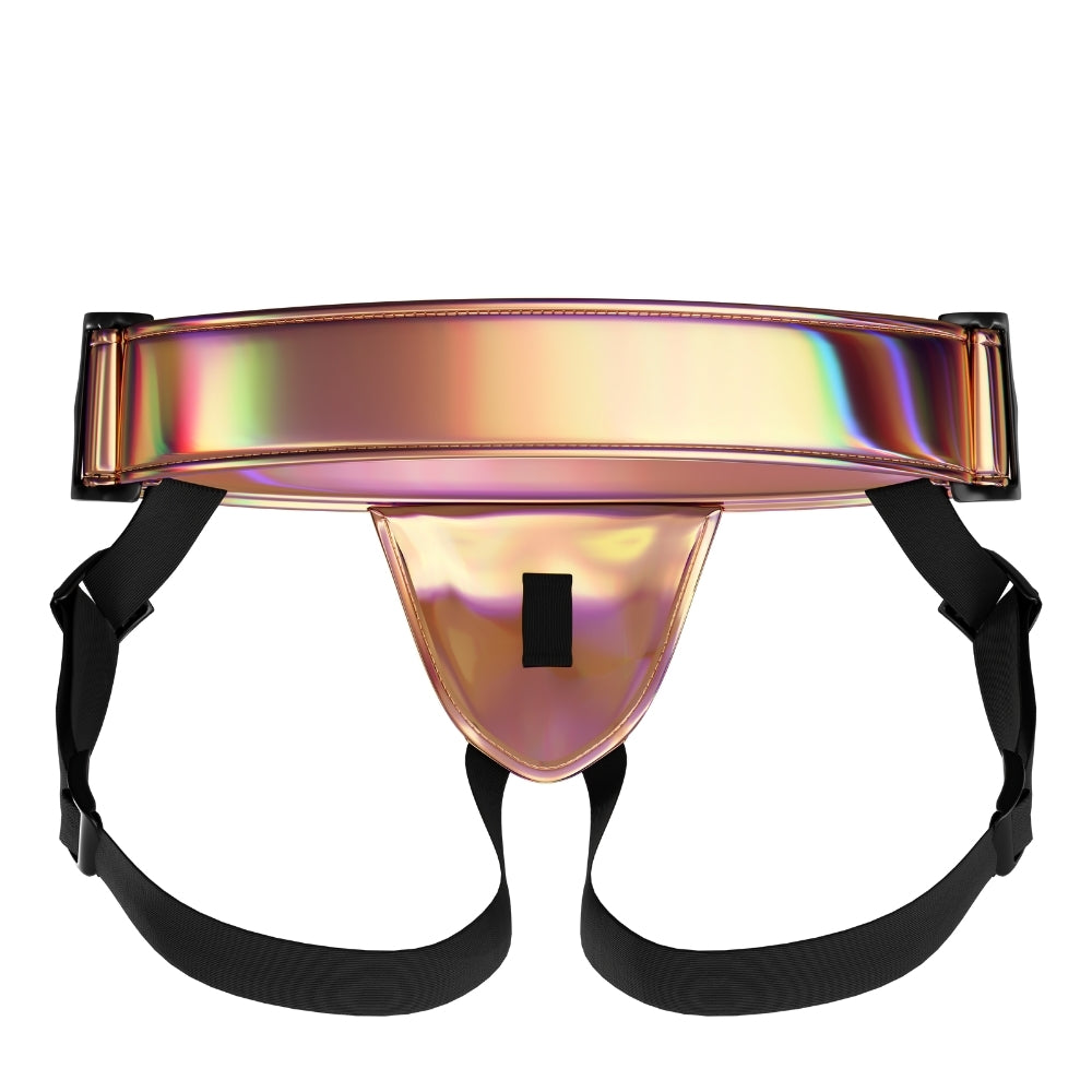 MINA Shimmer Strap-On Harness for women, featuring adjustable straps and shimmering material, designed for comfort and secure fit.