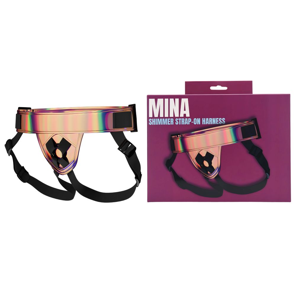 MINA Shimmer Strap-On Harness for women, featuring adjustable straps and shimmering material, designed for comfortable wear.