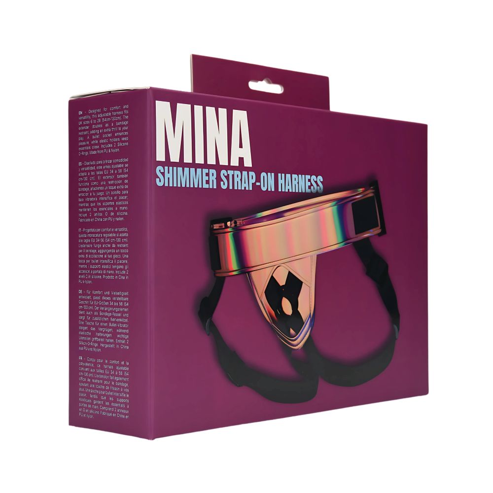 MINA Shimmer Strap-On Harness in black with adjustable straps and shimmering fabric, designed for comfortable wear and secure fit.