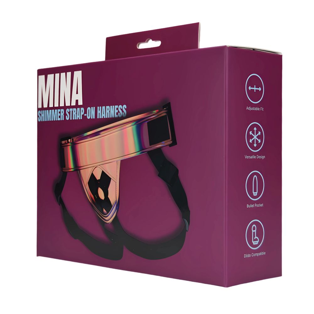 MINA Shimmer Strap-On Harness for women, featuring adjustable straps and shimmering fabric, displayed on a mannequin.
