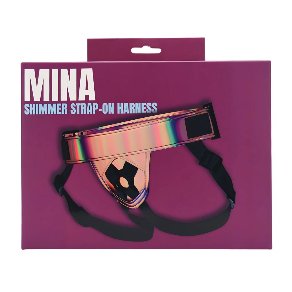 MINA Shimmer Strap-On Harness for women, featuring adjustable straps and shimmering fabric for comfortable, secure wear.