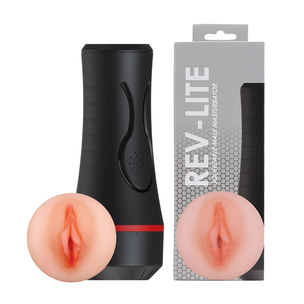 Rev Lite squeezable male masturbator showing flexible design and textured interior for enhanced pleasure.