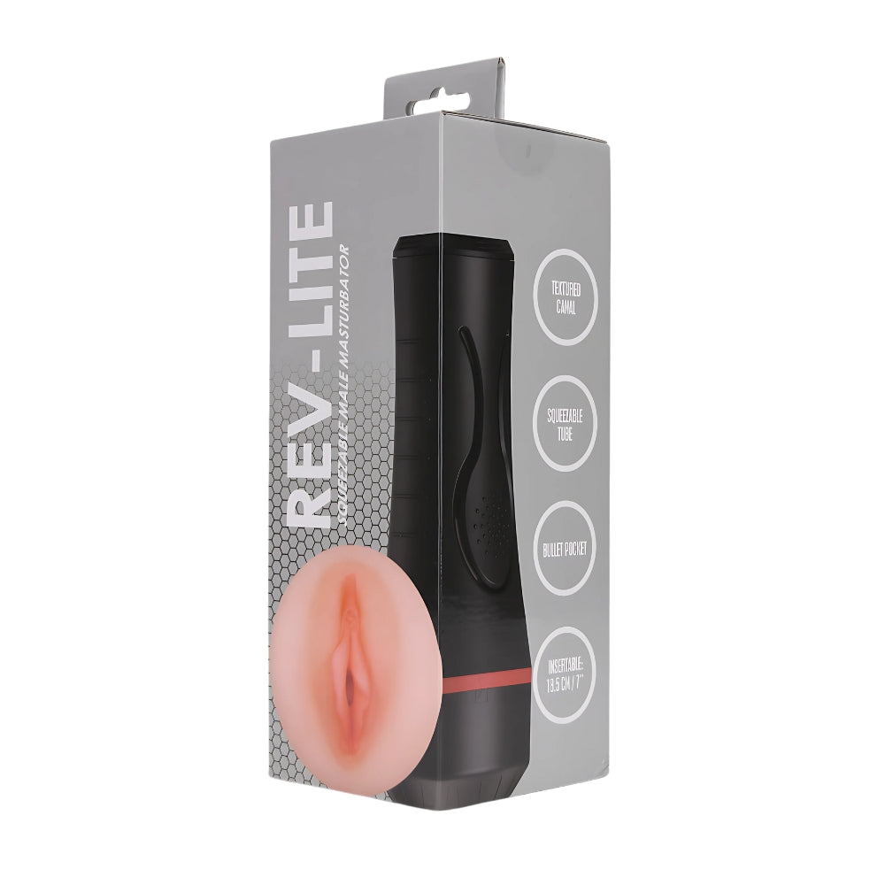 Rev Lite squeezable male masturbator in packaging, showcasing its unique design and texture for enhanced pleasure.
