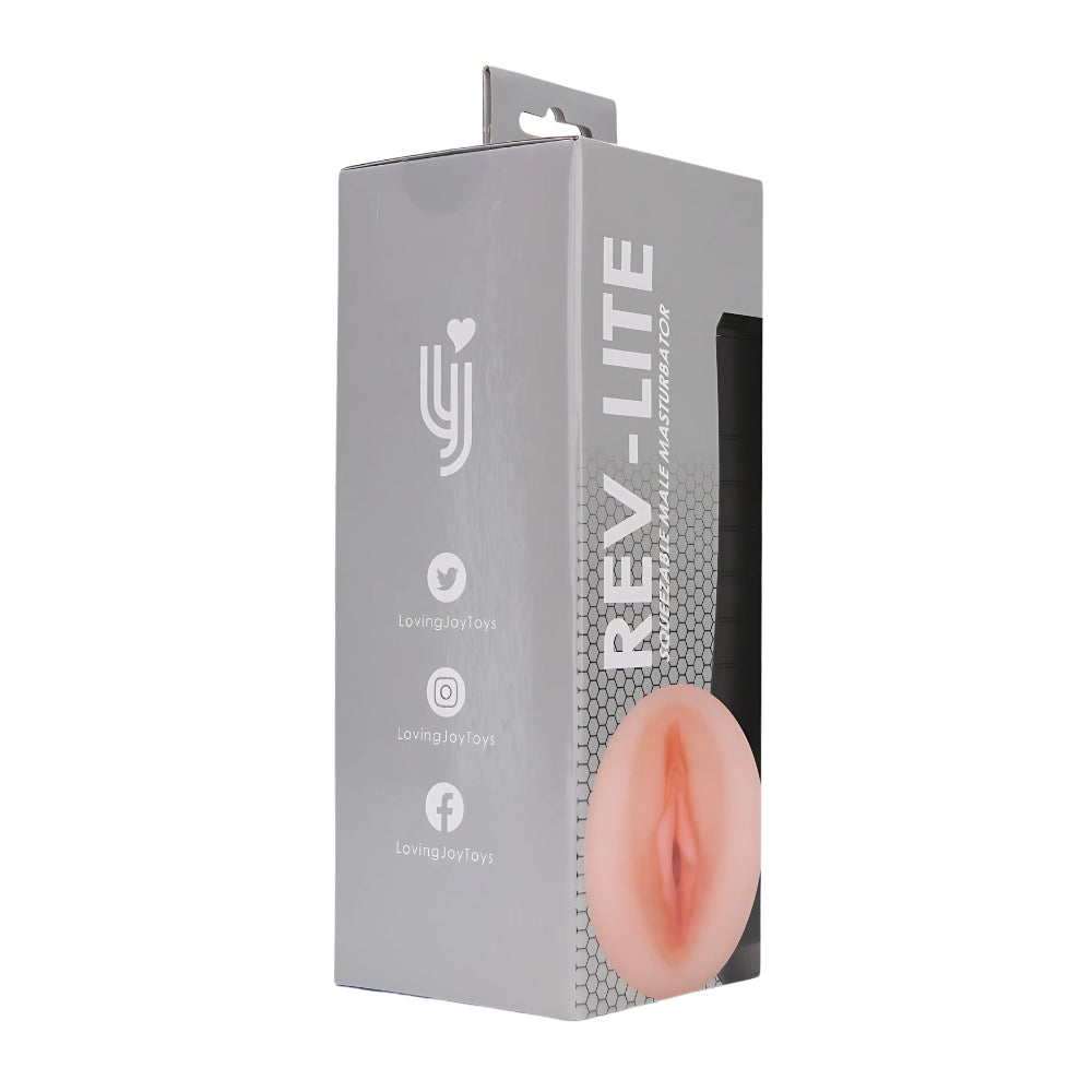 Rev Lite squeezable male masturbator with a textured design, showcasing flexible, ergonomic features for enhanced pleasure.