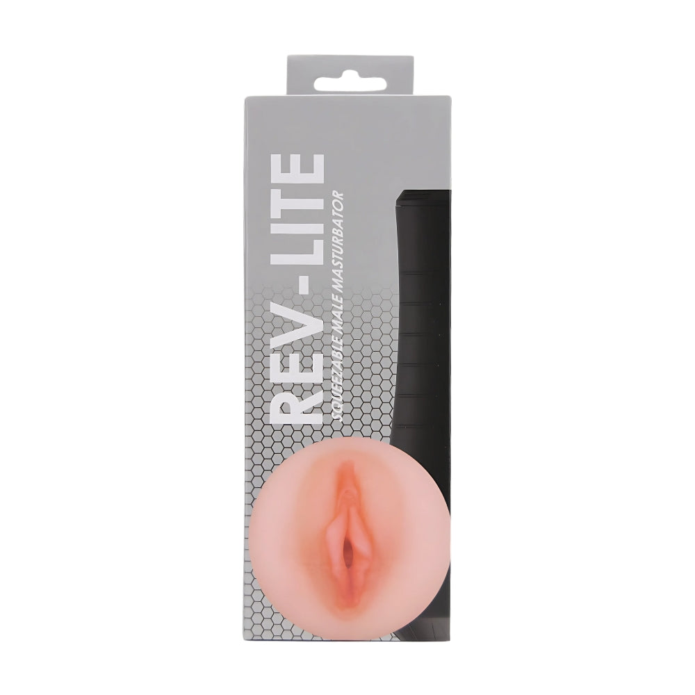 Rev Lite squeezable male masturbator with ergonomic design and textured surface for enhanced pleasure.