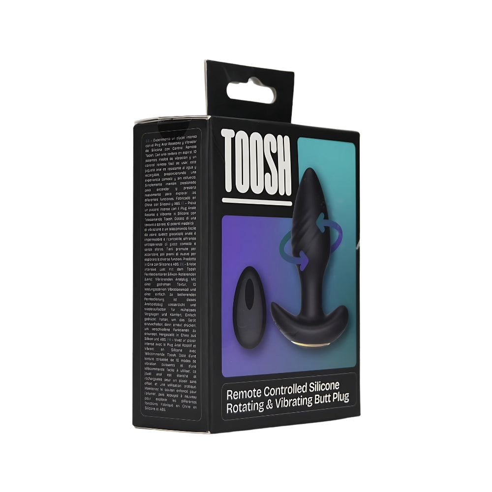 Toosh remote-controlled silicone butt plug with rotating and vibrating features, showcasing its sleek design and texture.