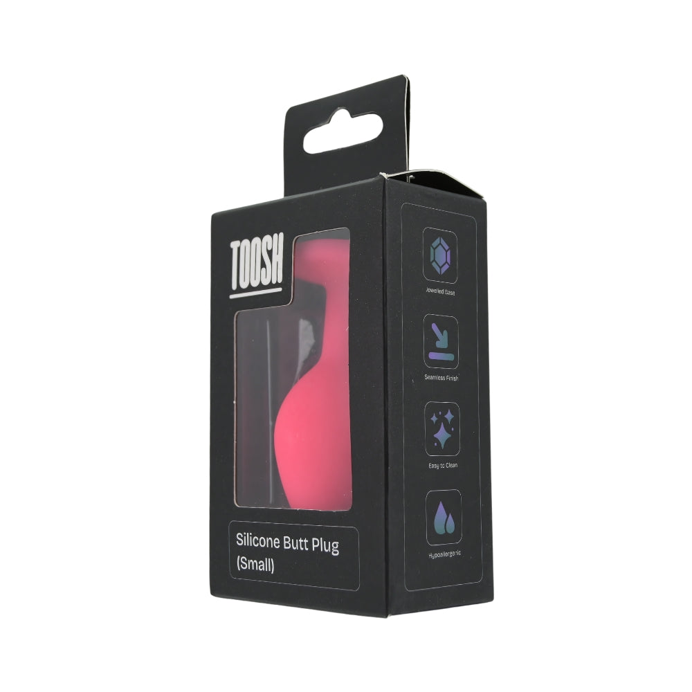Small pink silicone butt plug by Toosh, featuring a smooth design and tapered tip for comfortable use.