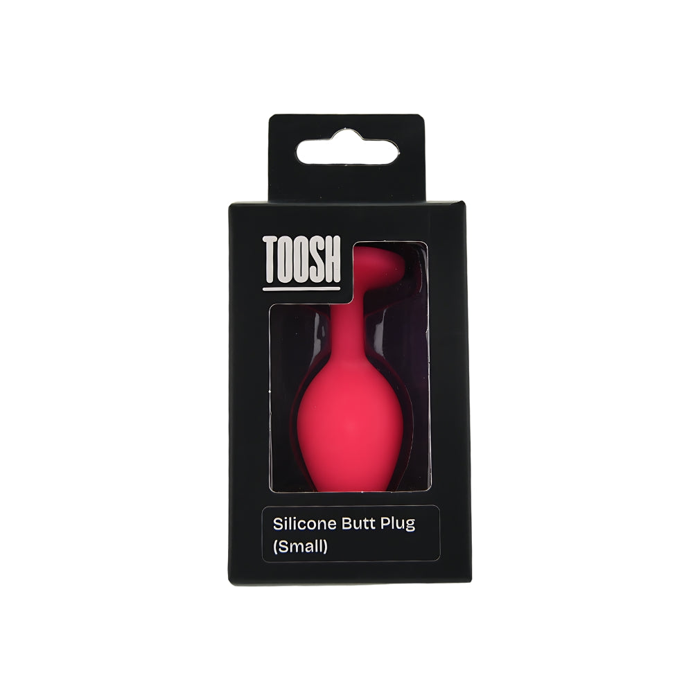 Small pink silicone butt plug by Toosh, featuring a smooth design and tapered tip for comfortable use.
