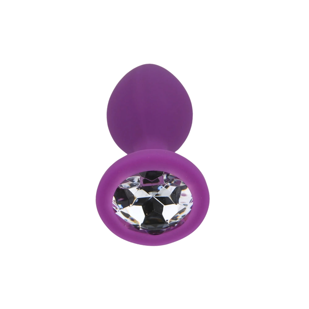 Small purple silicone butt plug by Toosh, featuring a smooth, tapered design for comfortable insertion and easy removal.