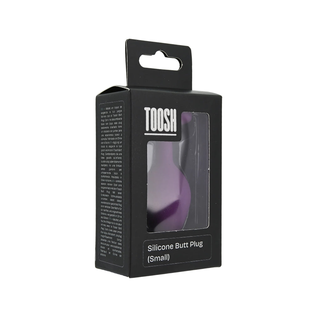 Small purple silicone butt plug from Toosh, featuring a smooth, tapered design for comfortable use.
