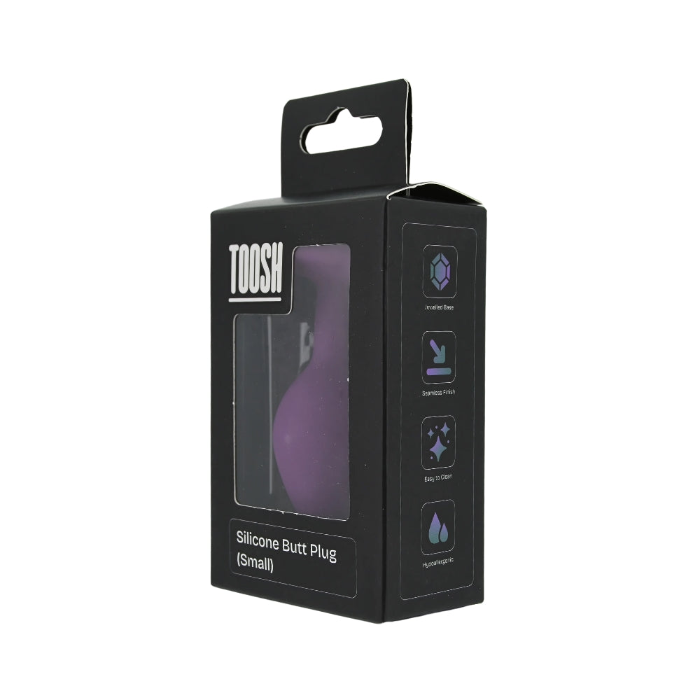 Small purple silicone butt plug from Toosh, designed for comfort and smooth texture, perfect for beginner adult toy users.