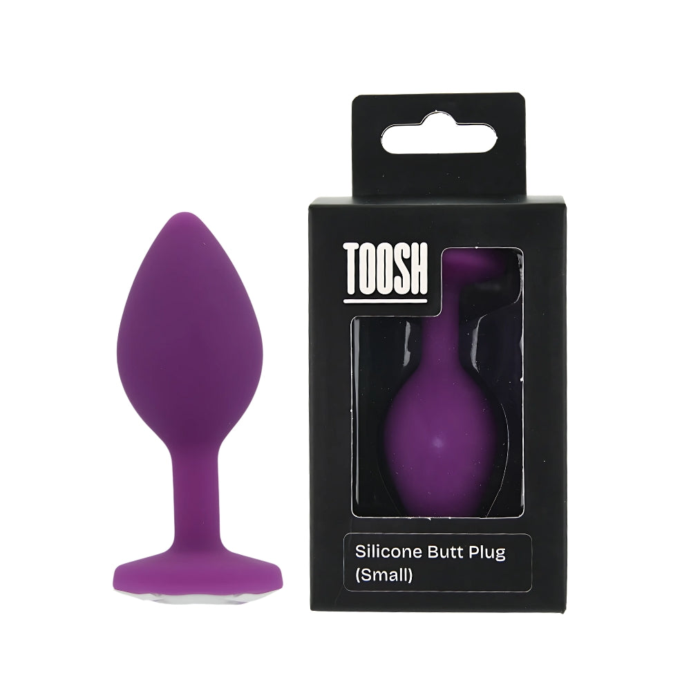 Toosh purple silicone small butt plug, smooth and flexible, designed for comfortable anal pleasure, shown in a duo package.