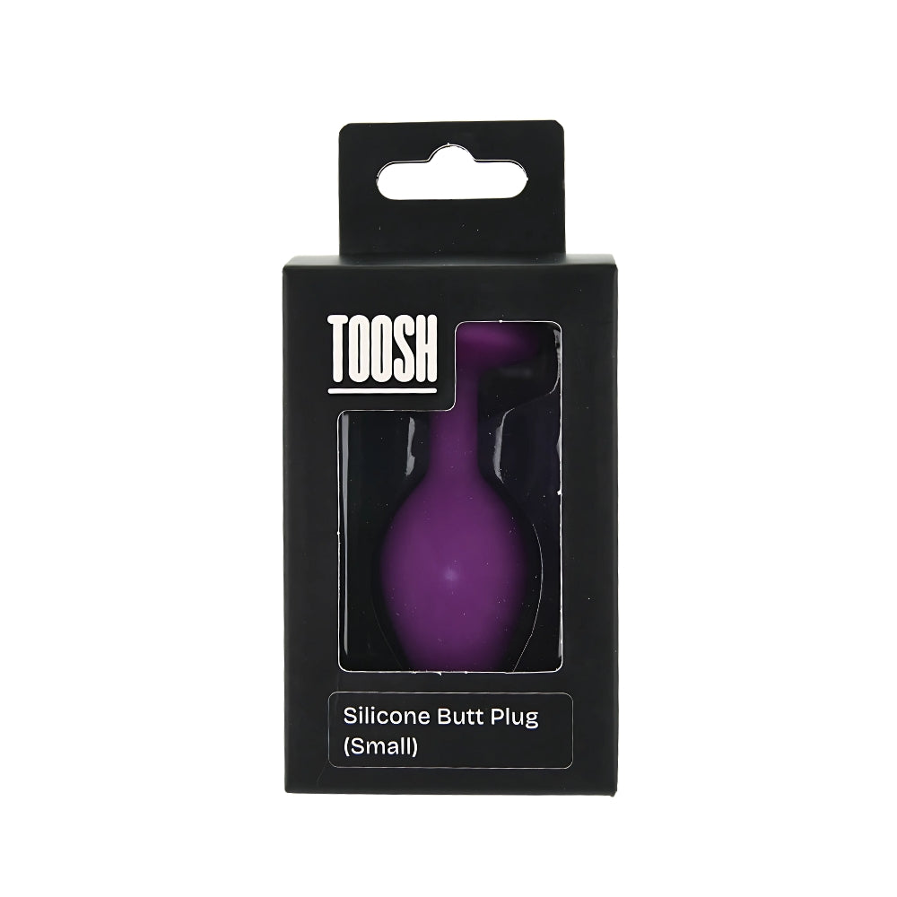 Small purple silicone butt plug from Toosh, designed for comfortable use, with a smooth, tapered shape for easy insertion.