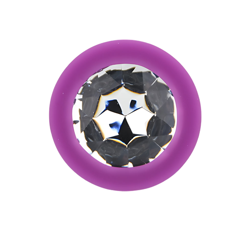 Toosh purple silicone medium butt plug with jewel detail, smooth and tapered for comfortable insertion.