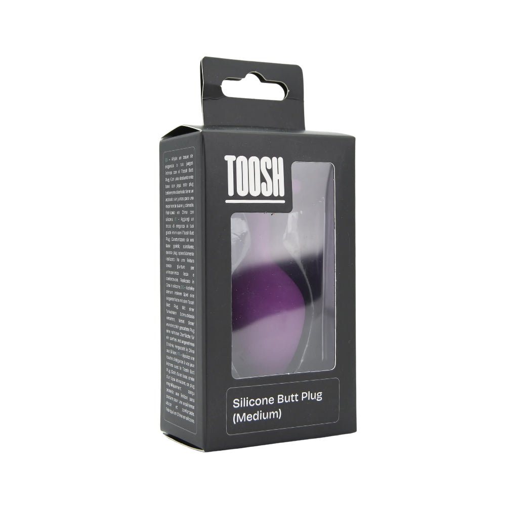 Medium purple silicone butt plug by Toosh, smooth and tapered for comfortable wear, shown in package.