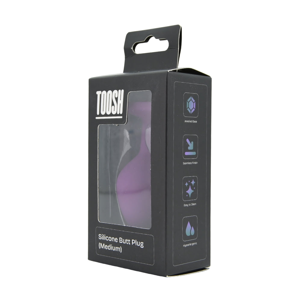 Toosh Purple Silicone Butt Plug Medium, smooth and contoured anal toy for adult pleasure, shown in packaging.