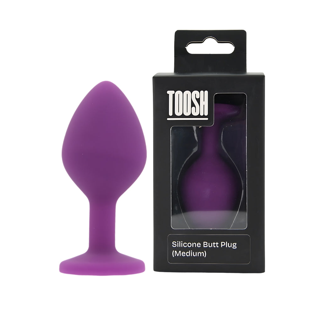 Toosh purple silicone medium butt plug, smooth and curved for comfortable wear, shown in packaging with dual set.