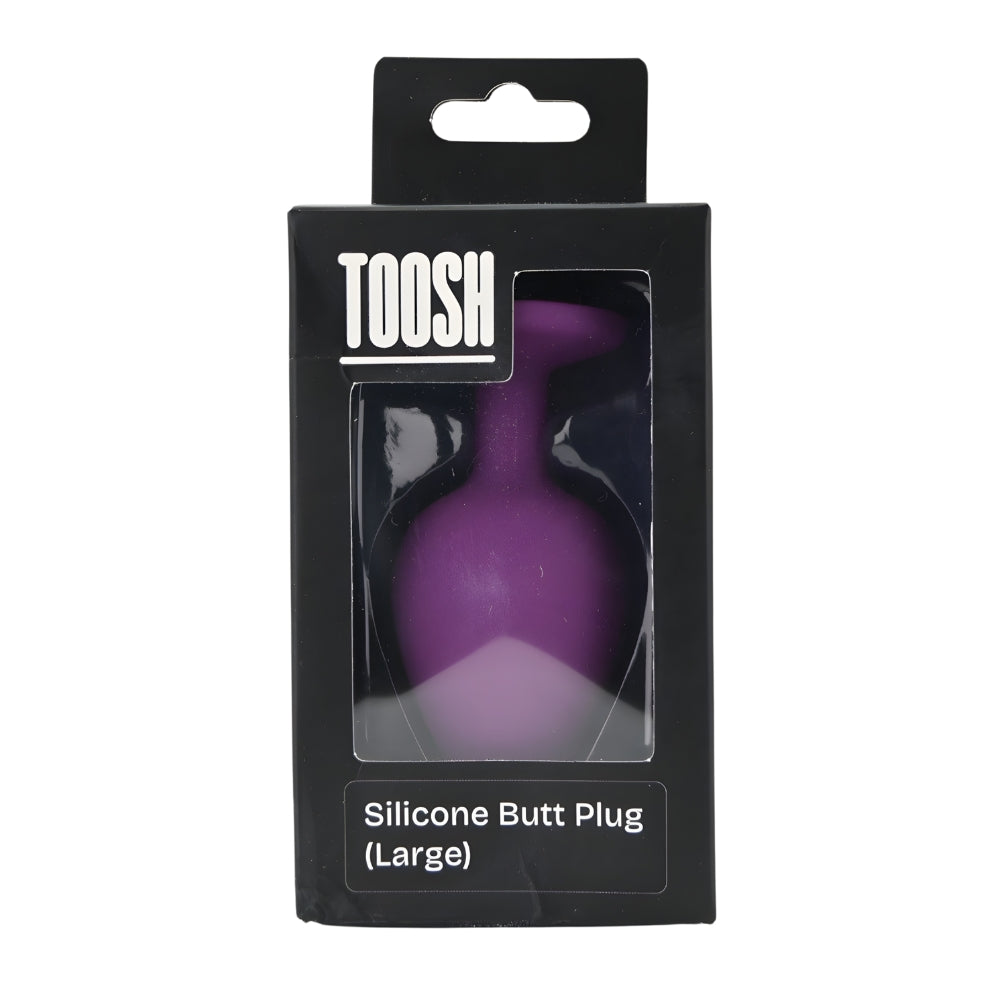Large purple silicone butt plug from Toosh, featuring a smooth, tapered design for comfortable wear and easy insertion.