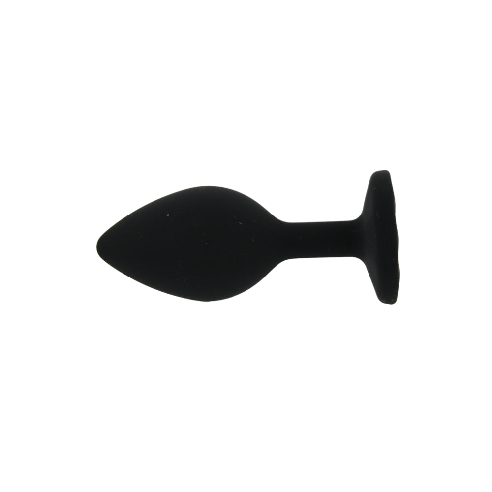Small black silicone butt plug from Toosh, designed for comfort and ease of use, featuring a smooth, tapered shape.