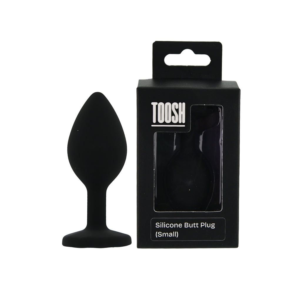 Two small Toosh brand black silicone butt plugs shown in a package, designed for adult intimate use.