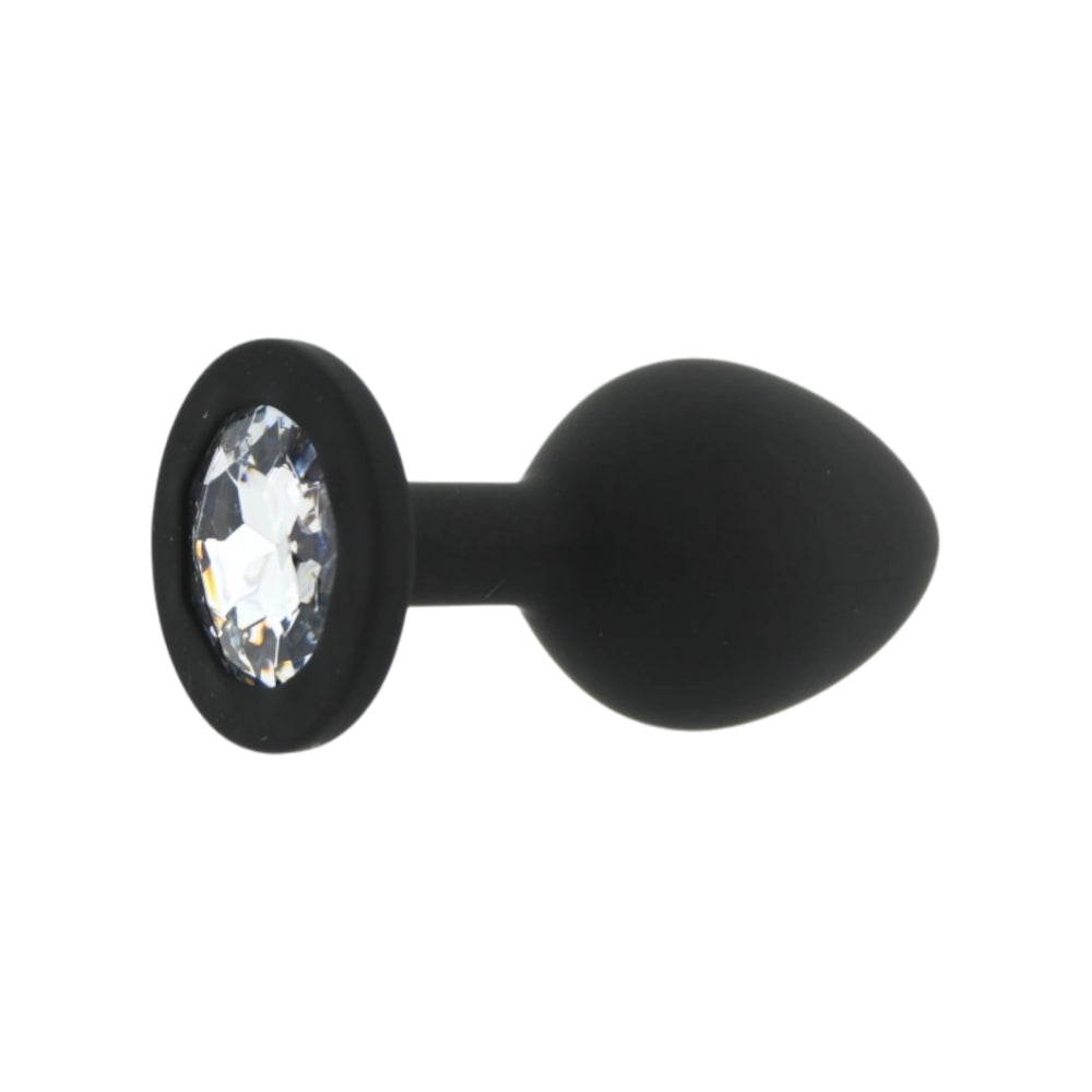 Black silicone Toosh medium butt plug shown with smooth, tapered design and flared base for comfortable wear.