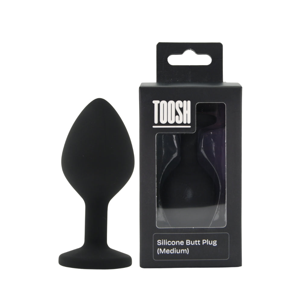 Pair of Toosh black silicone medium butt plugs shown in package, designed for comfortable and discreet anal pleasure.