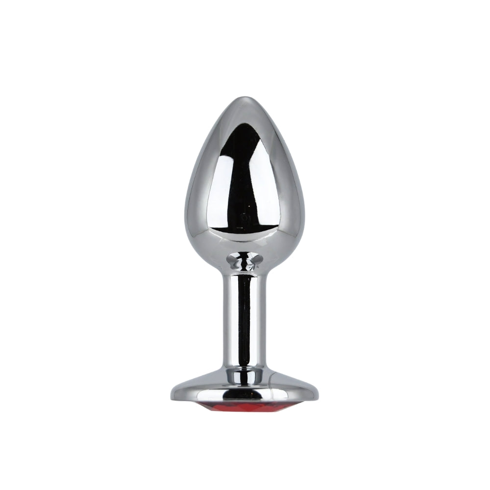 Silver metal Toosh butt plug with small red stone details, compact design, and smooth finish for comfort and style.