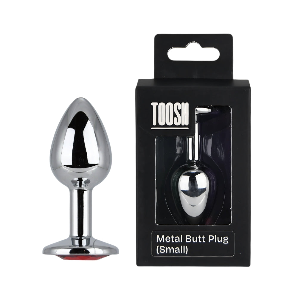 Toosh small silver metal butt plug with red stone detail, designed for adult pleasure and anal stimulation.