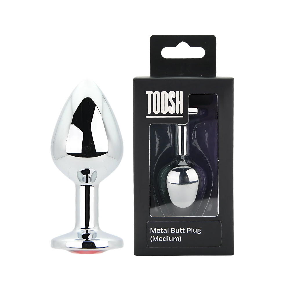 Toosh silver metal medium butt plug featuring a striking red stone for an elegant and luxurious look.