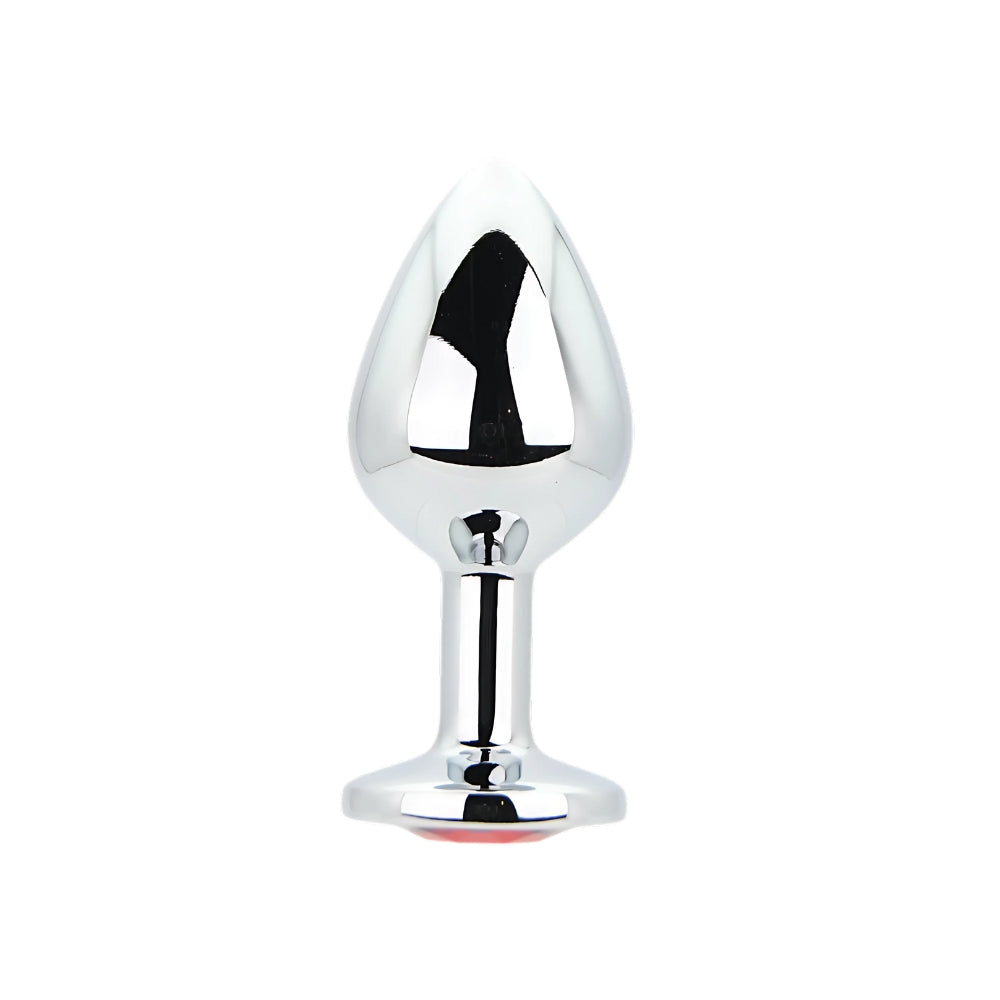 Medium silver metal butt plug by Toosh featuring a striking red stone accent.