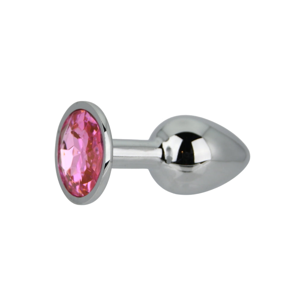 Toosh silver metal small butt plug with pink stone detail, smooth and polished for comfortable use.