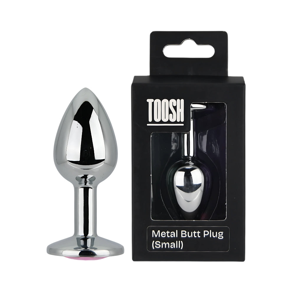 Toosh small silver metal butt plug with pink stone, smooth and shiny, designed for anal pleasure and comfort.