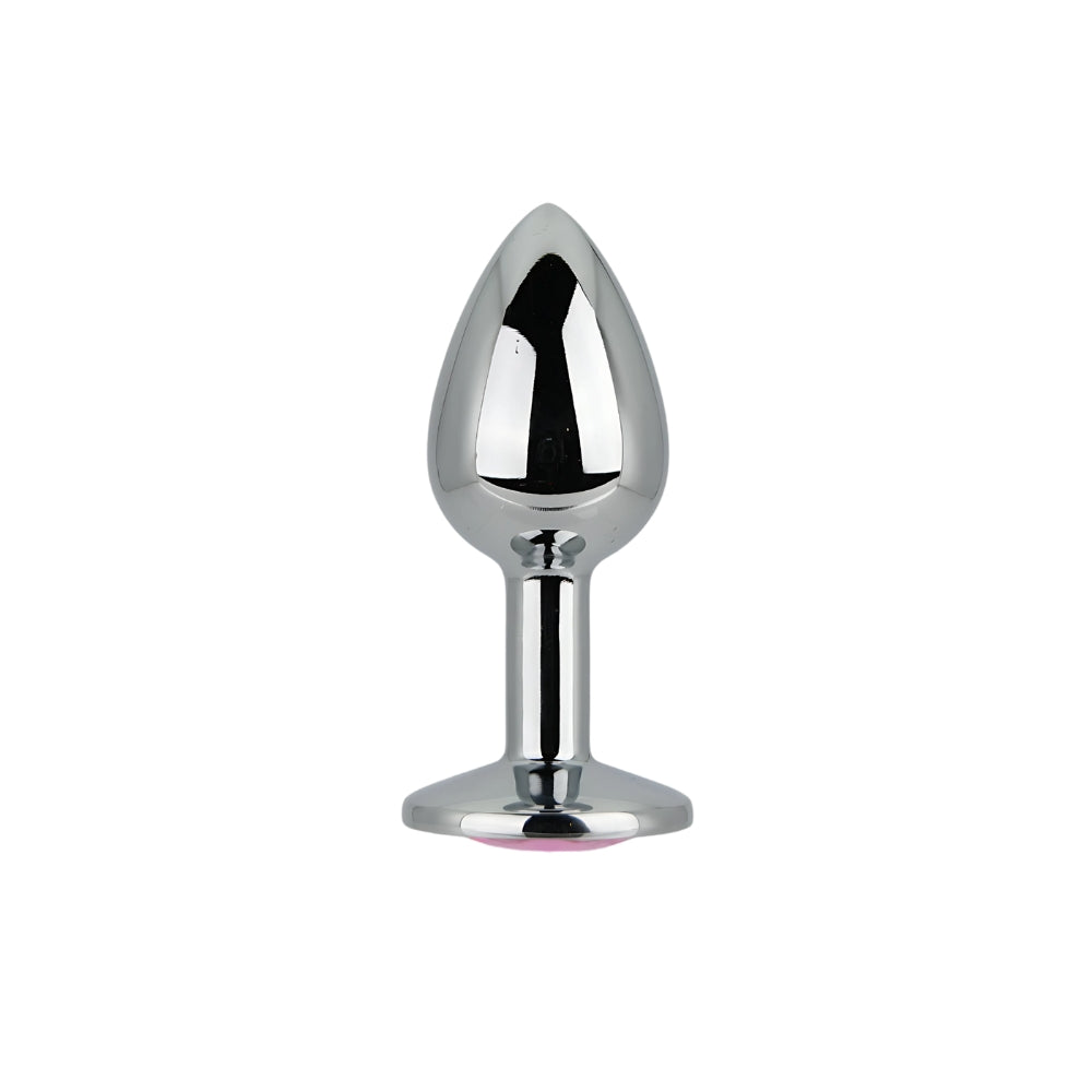 Silver metal butt plug from Toosh with small size and pink stone accent, designed for adult intimate use.