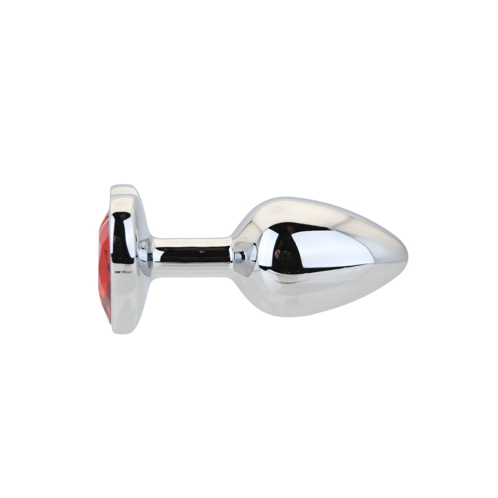 Toosh heart-shaped silver butt plug with red stone, small size, smooth finish, designed for comfortable insertion and elegant design.